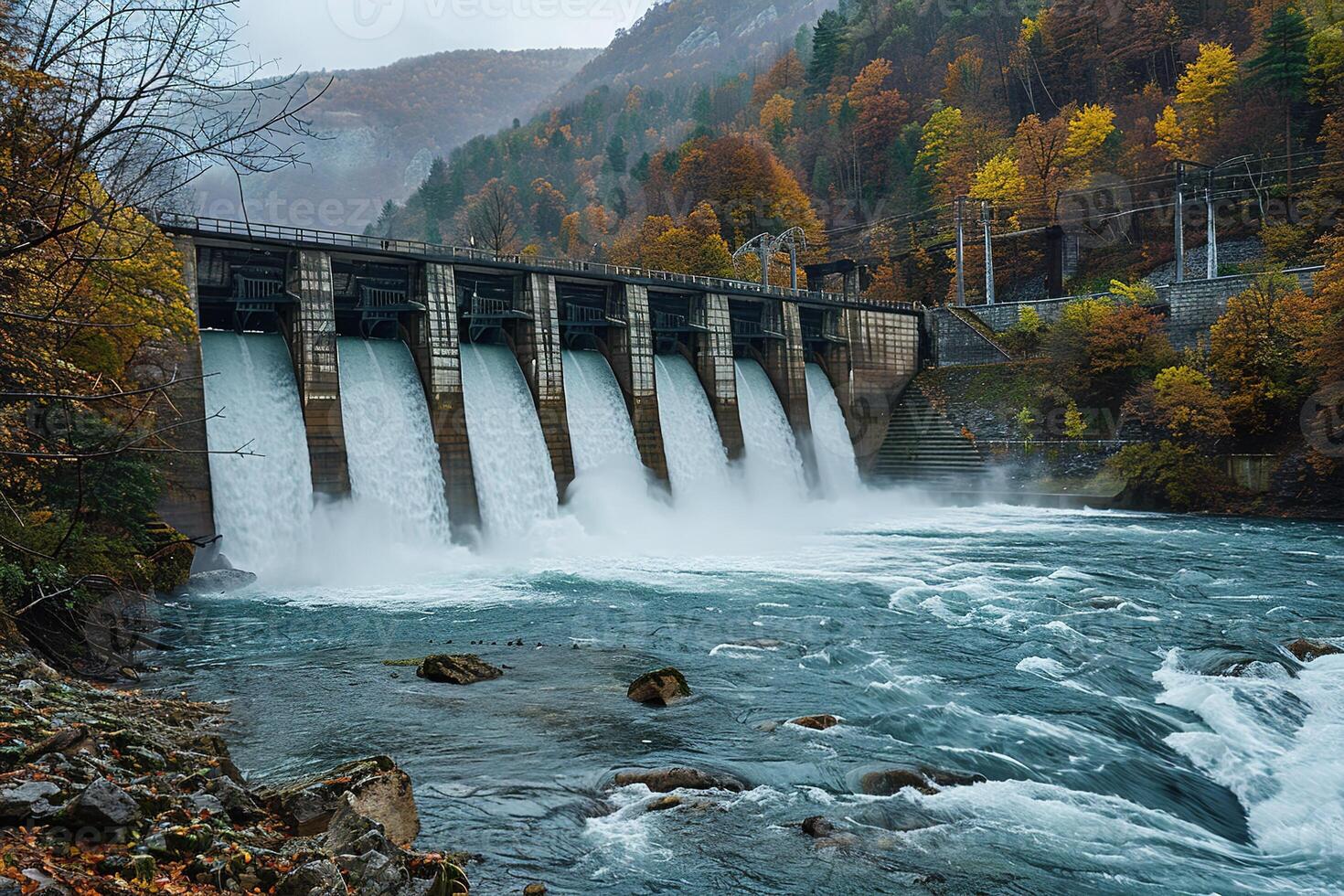 ai generado hermosa ver de un hormigón puente represa terminado un montaña río en un Valle con un verde amarillo brumoso bosque debajo un nublado cielo foto