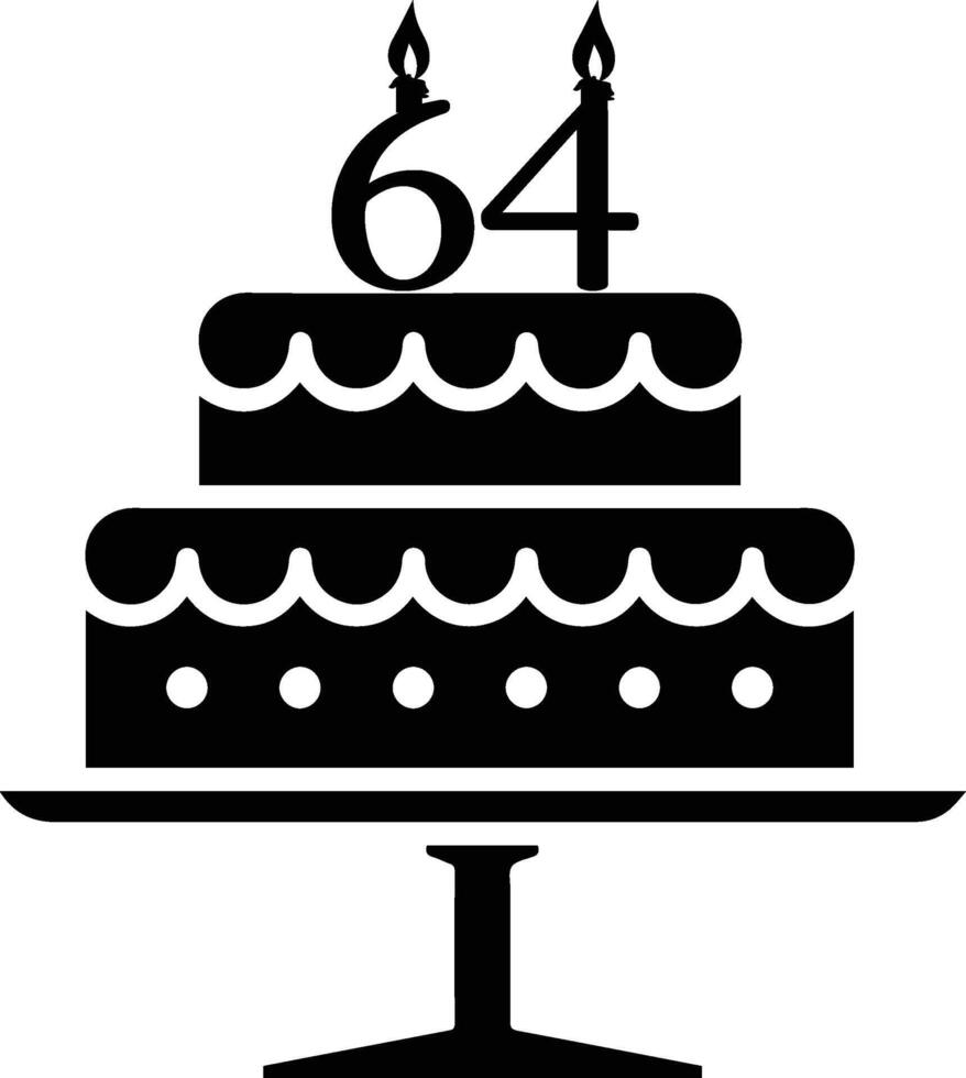 A black-and-white image of a cake with the number 64 on it. vector
