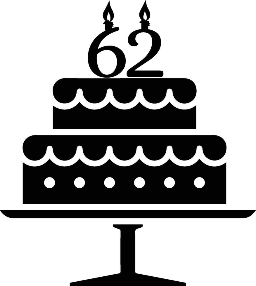 A black-and-white image of a cake with the number 62 on it. vector