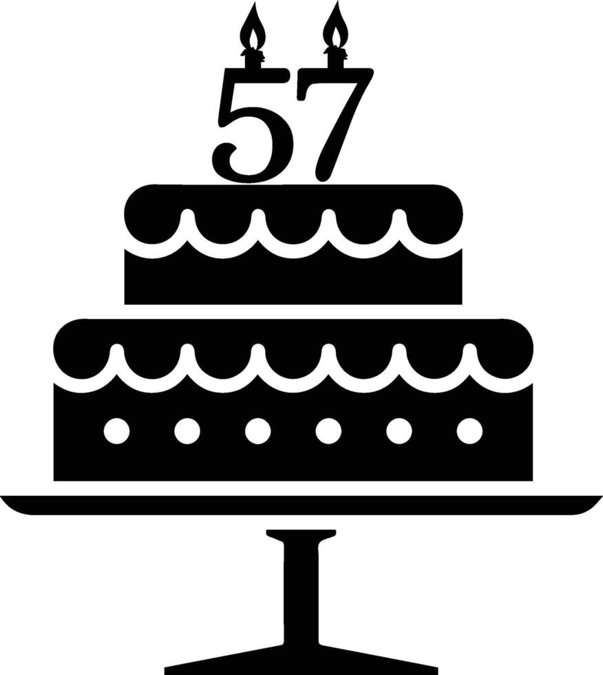 A black-and-white image of a cake with the number 57 on it. vector