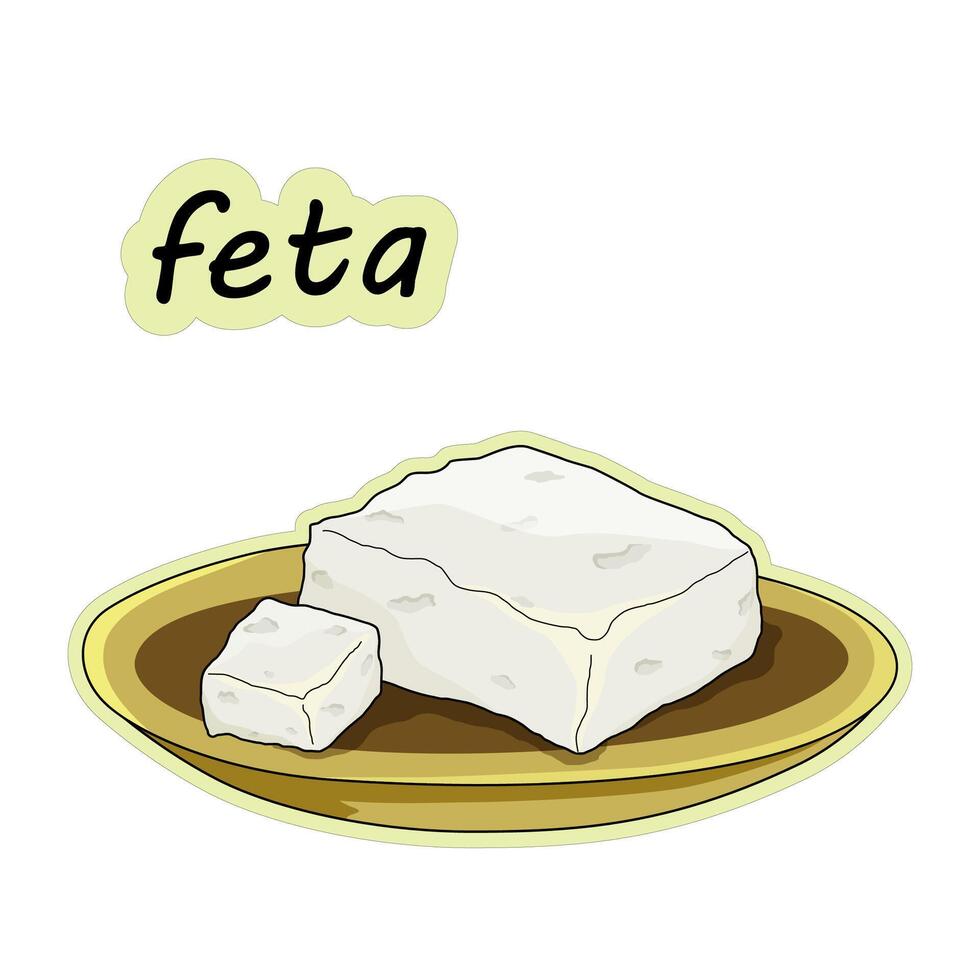 Feta cheese on a plate. Sticker of feta cheese on a plate, hand drawn, vector illustration in doodle style.