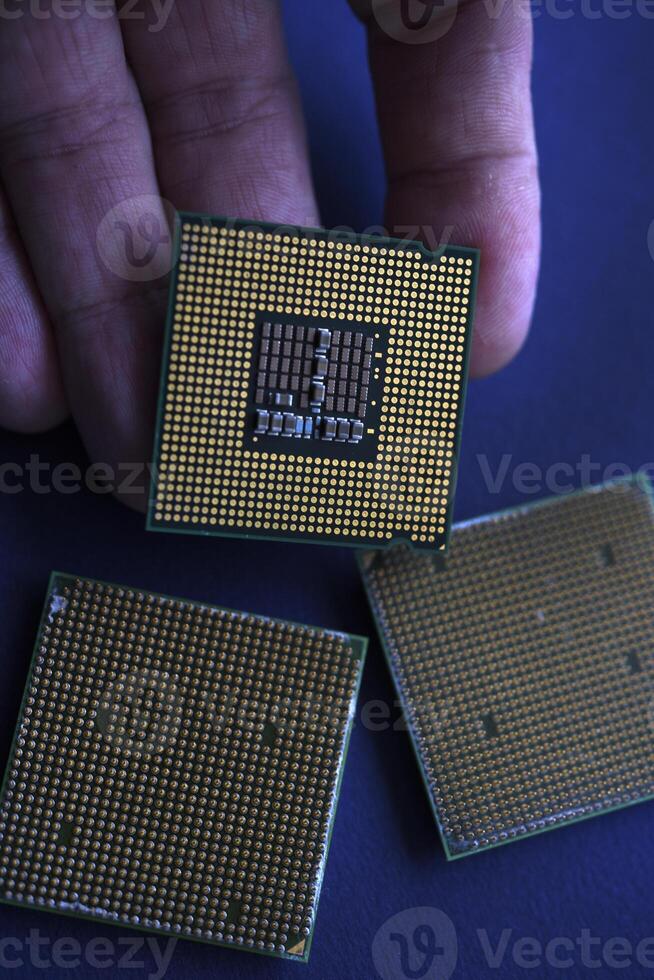 Computer processor in hand on a blue background. Several computer processors. Computer details. photo