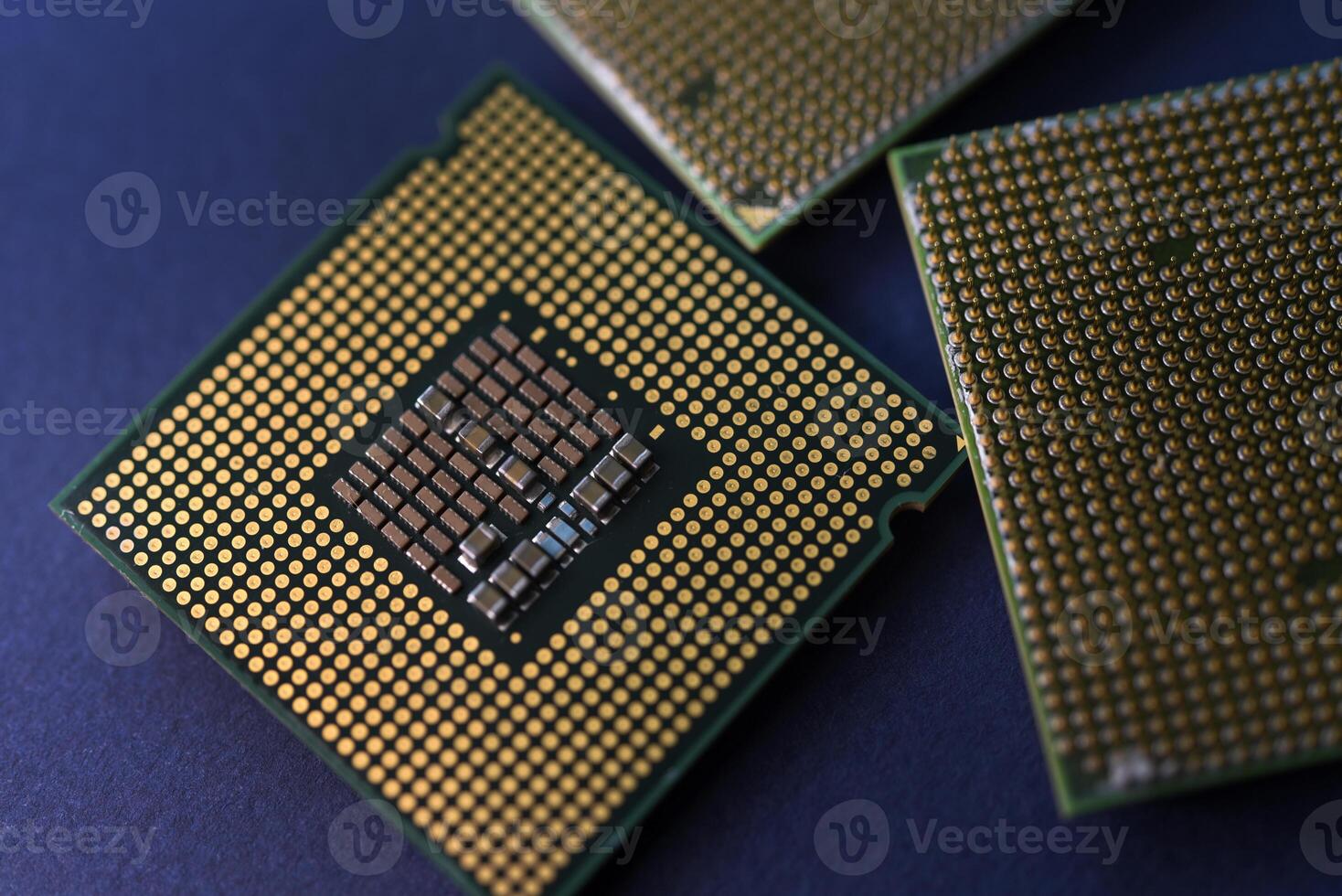 A computer processor on a blue background. Contacts on the processor case. photo