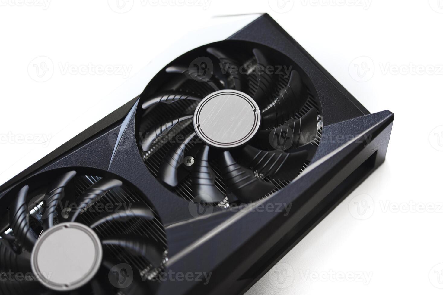 A black and white video card on a white background. Fans and the graphics card case. Computer accessories. photo