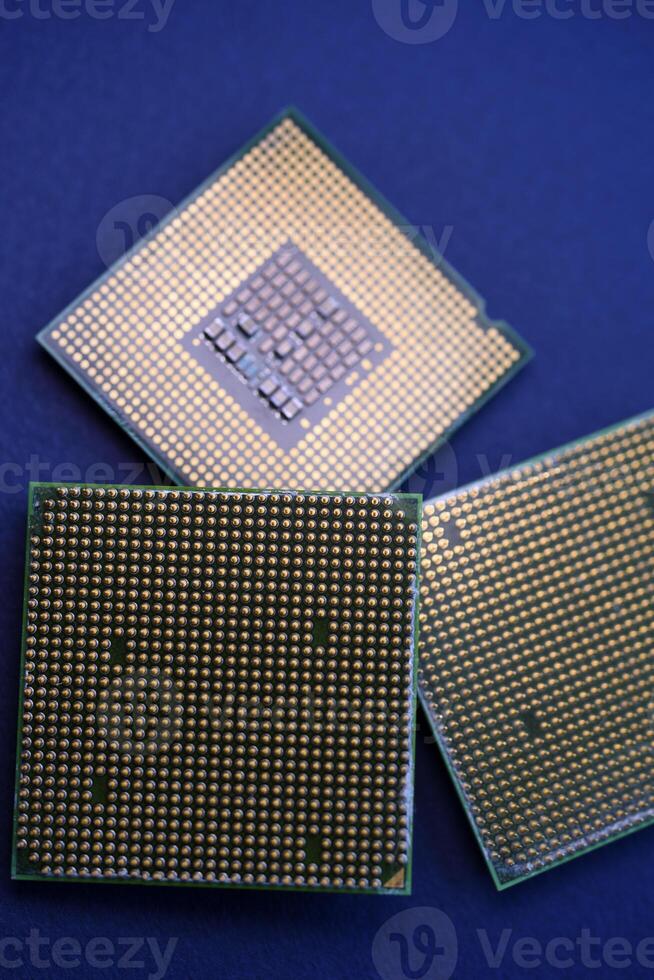 A computer processor on a blue background. Contacts on the processor case. photo