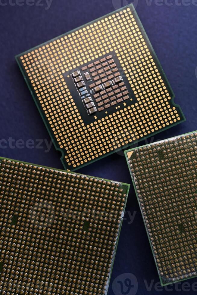 A computer processor on a blue background. Contacts on the processor case. photo
