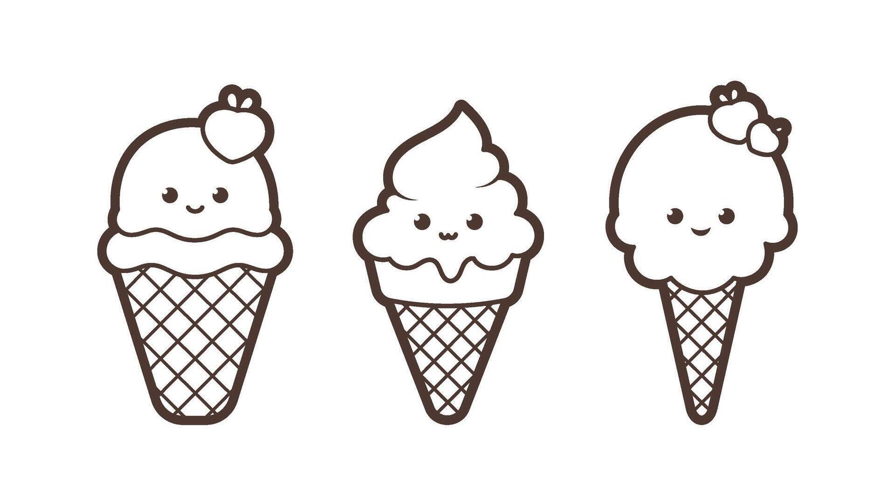 Kawaii ice cream dessert in a waffle cup, black outline, vector illustration in cartoon style. Vector illustration