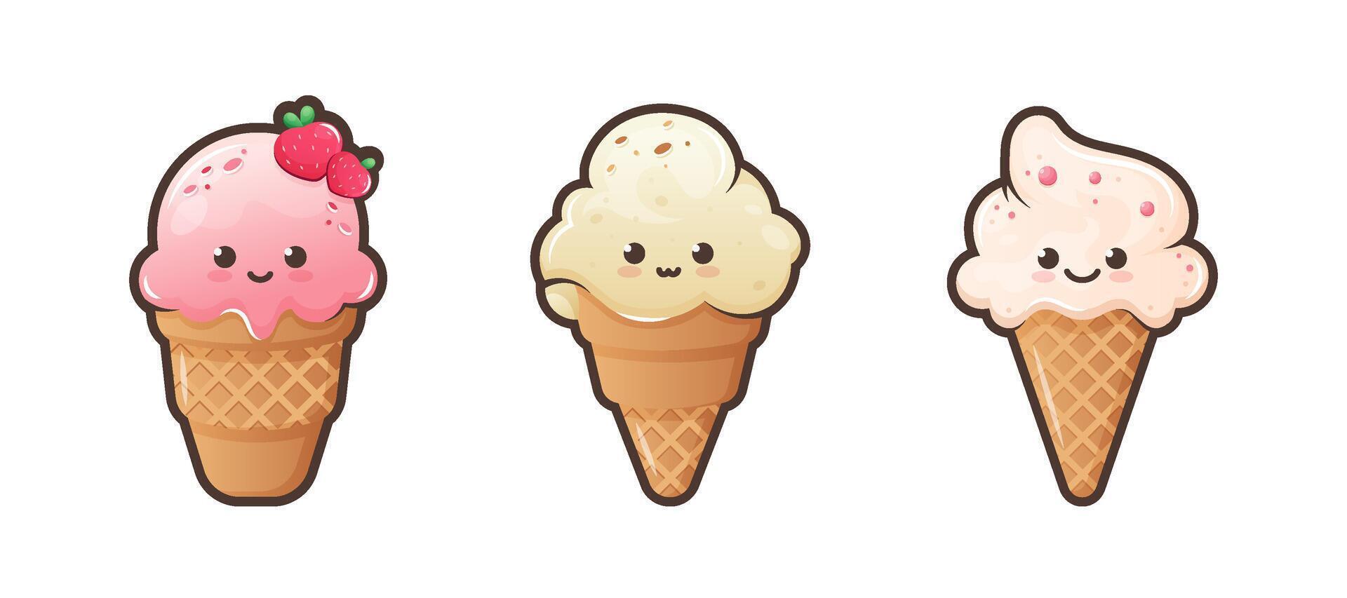 Cute cartoon icecream with funny face. Kawaii ice cream in waffle cone. Sweet food emoji set. Summer dessert vector illustration