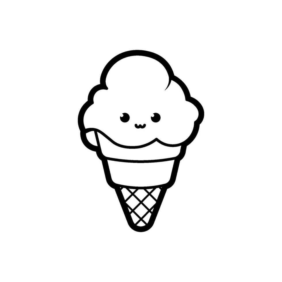 Ice cream dessert kawaii in a waffle cup, black outline, vector illustration in doodle style.