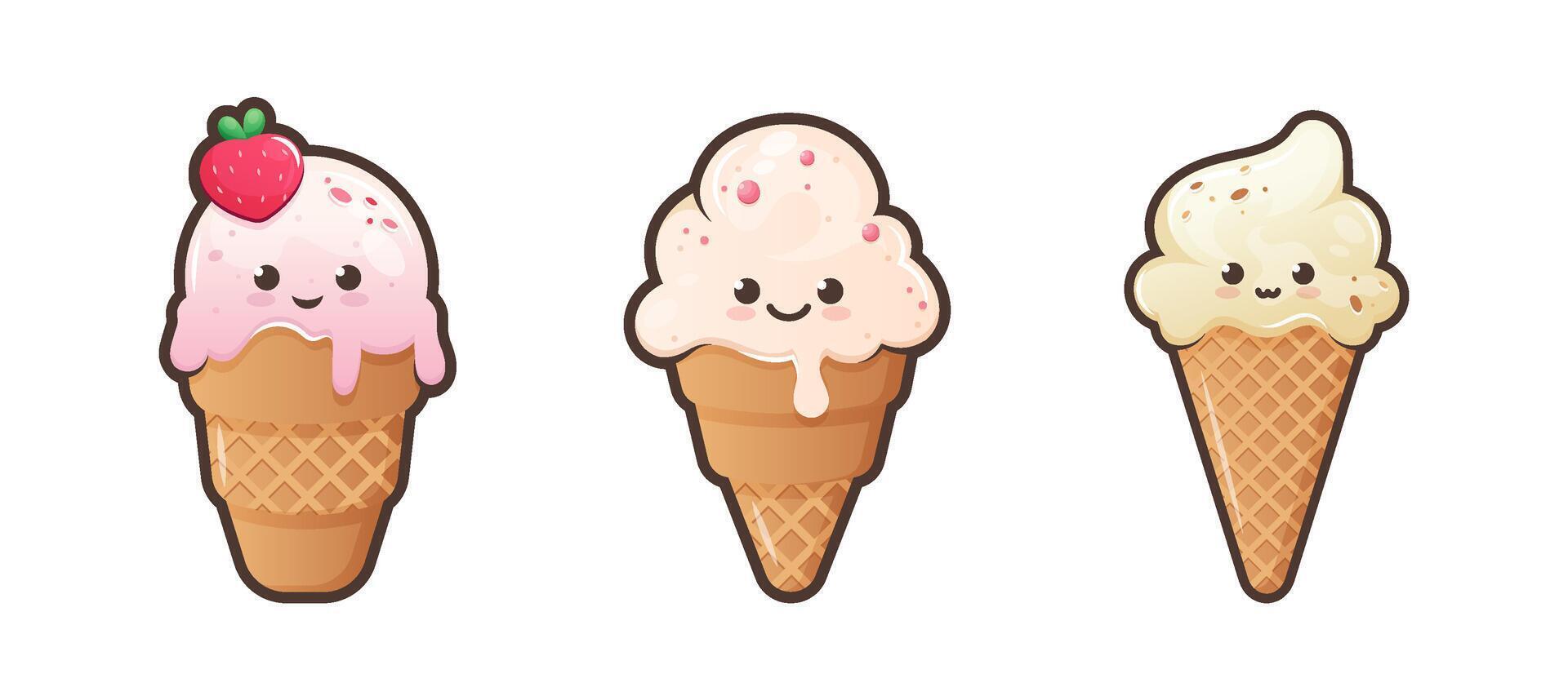 linda dibujos animados helado con gracioso rostro. kawaii hielo crema en gofre cono. dulce comida emoji colocar. verano postre vector ilustración