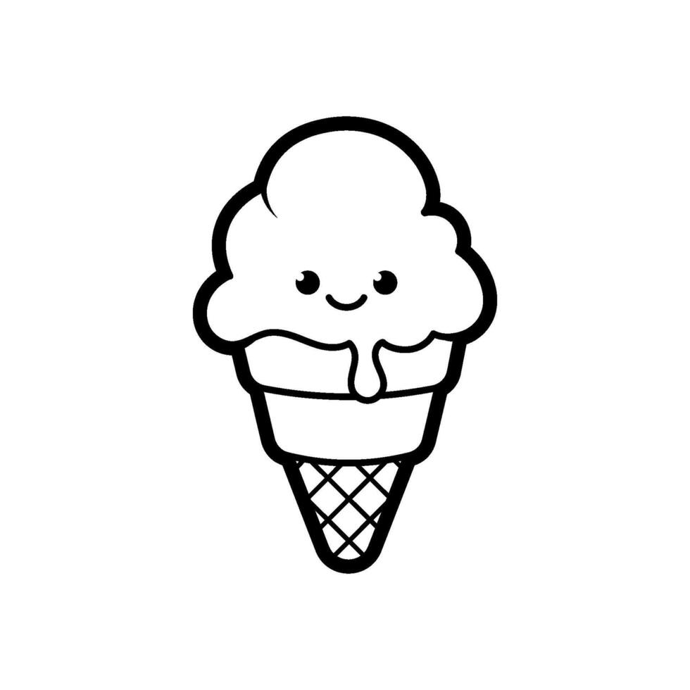 Ice cream dessert kawaii in a waffle cup, black outline, vector illustration in doodle style.