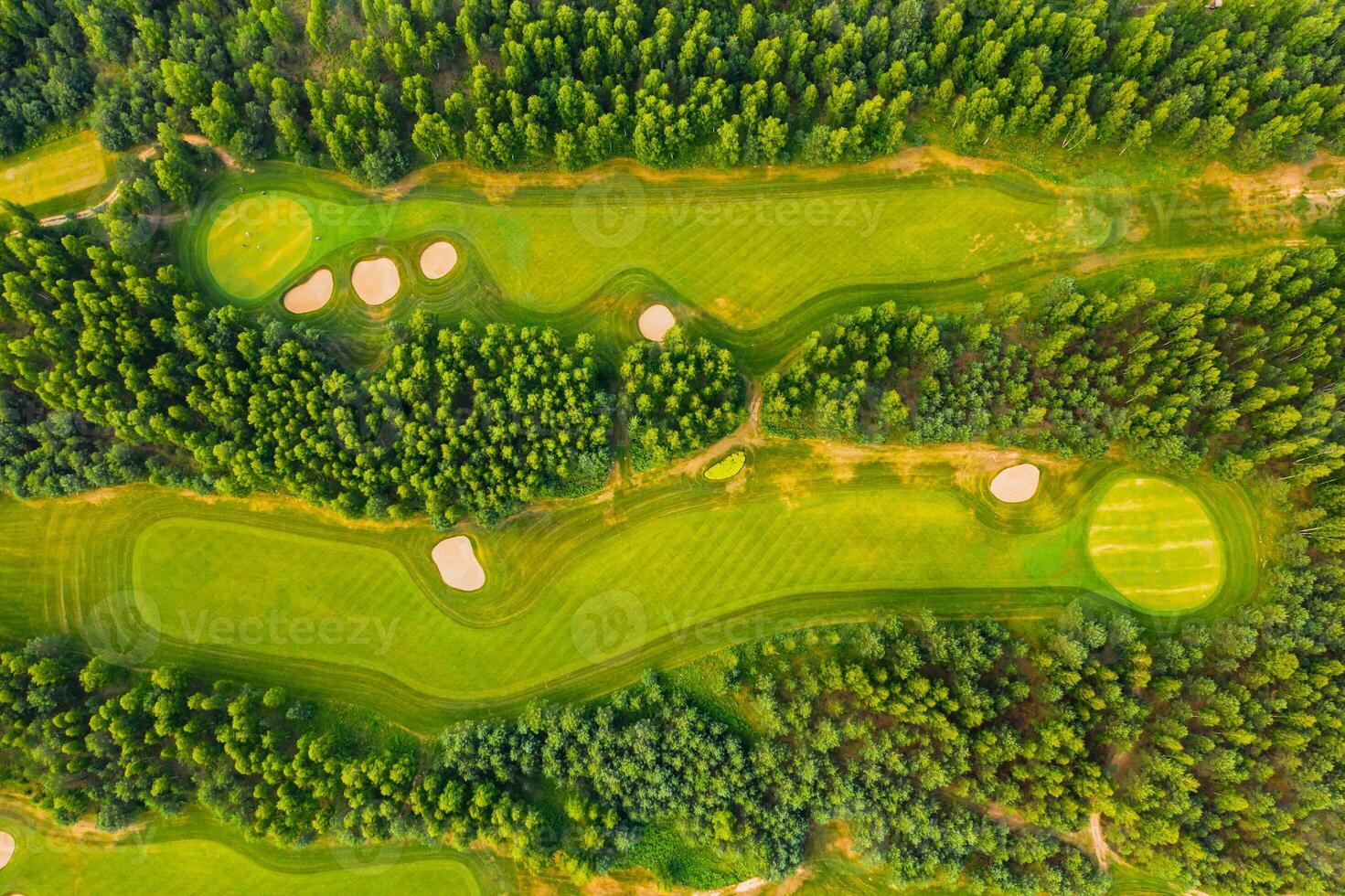 Top view of the golf course located in a wooded area photo