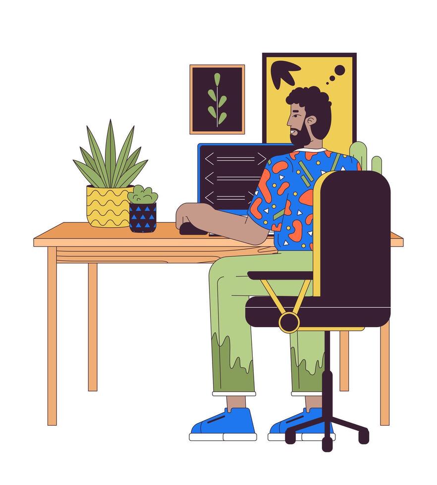 African american man at computer 2D linear cartoon character. Web developer working at home office isolated line vector person white background. Freelance job color flat spot illustration