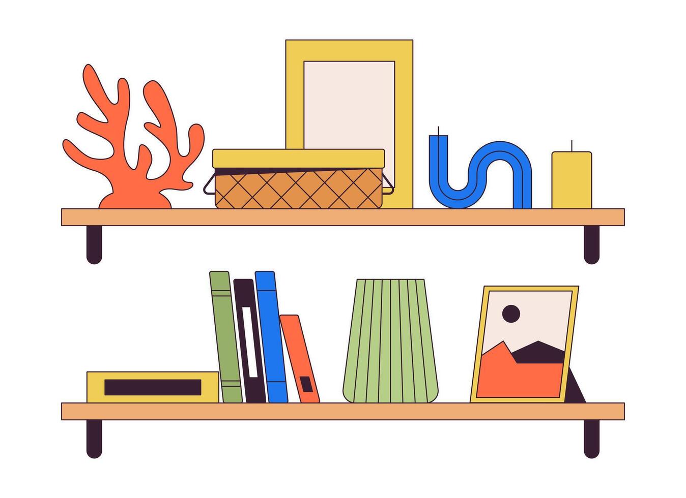 Shelves with cute domestic accessories 2D linear cartoon objects set. Interior decor on racks isolated line vector elements white background. Home design color flat spot illustration collection