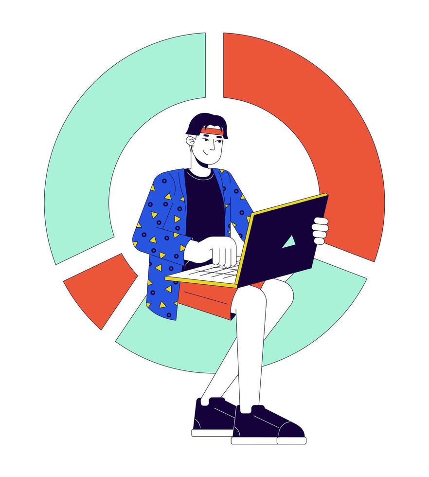 Data analytics tool 2D linear illustration concept. Korean male analyst software laptop in pie chart cartoon character isolated on white. Statistics metaphor abstract flat vector outline graphic