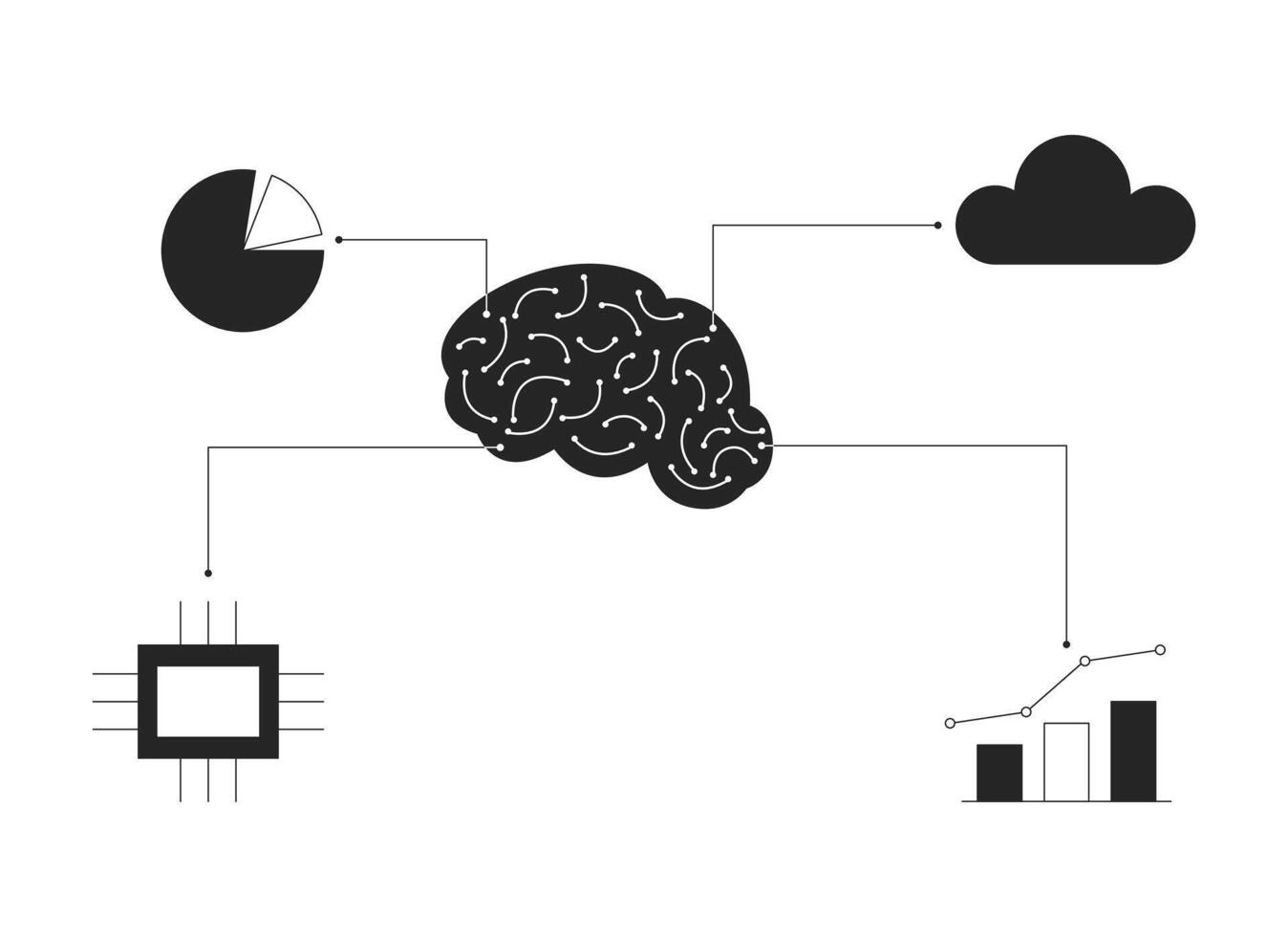 AI brain analysis tools black and white 2D line cartoon object. Artificial intelligence brain tech isolated vector outline item. Ai management. Data analytics monochromatic flat spot illustration