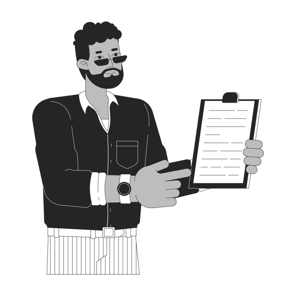 Black man showing clipboard black and white 2D line cartoon character. African american male holding clip board isolated vector outline person. Inspector business monochromatic flat spot illustration