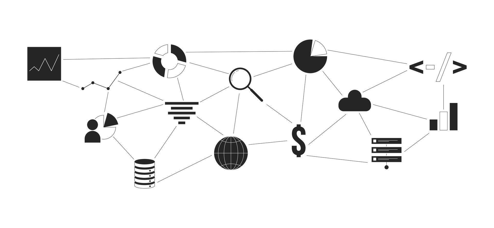 analítica base de datos administración negro y blanco 2d línea dibujos animados objeto. programación, gráficos, nube tecnología aislado vector contorno artículo. conectado datos análisis monocromo plano Mancha ilustración