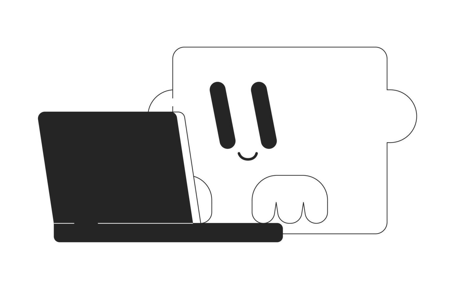 Puzzle piece typing laptop black and white 2D line cartoon character. Geometric personage using notebook isolated vector outline personage. Educational preschool monochromatic flat spot illustration