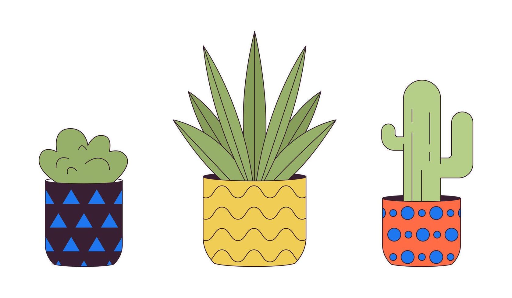 exótico plantas de interior en macetas 2d lineal dibujos animados objetos colocar. hogar jardín plantas creciente aislado línea vector elementos blanco antecedentes. interior diseño color plano Mancha ilustración colección