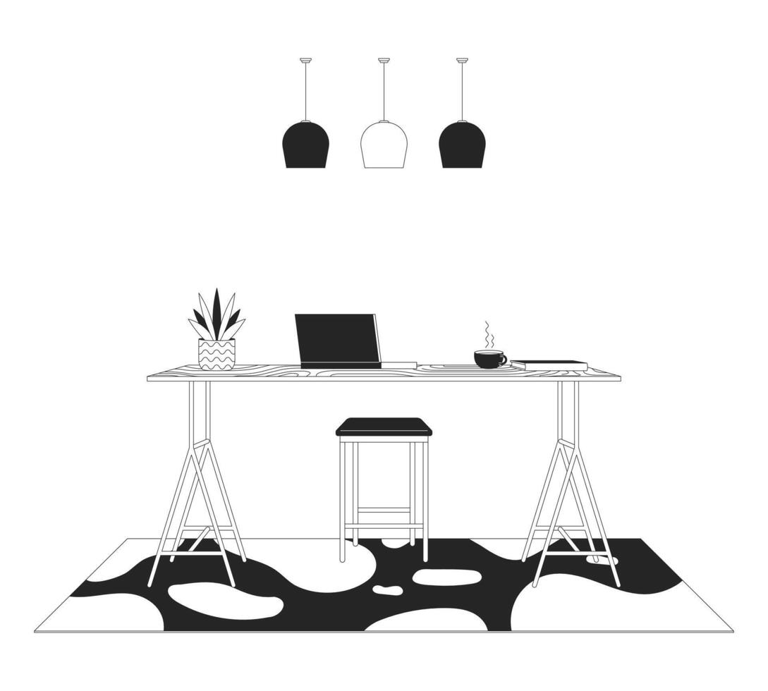 Home office modern furniture black and white line illustration. Laptop on high counter table 2D lineart objects isolated. Workplace interior design monochrome scene vector outline image