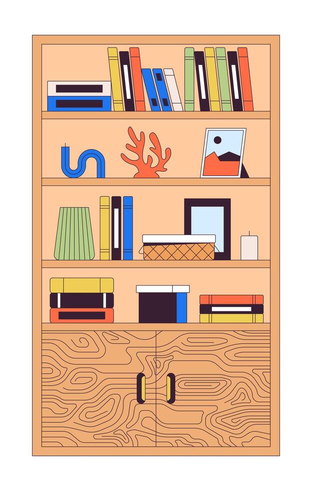 Wooden cabinet with decorative accessories 2D linear cartoon object. Bookcase in office interior isolated line vector element white background. Home furnishing color flat spot illustration