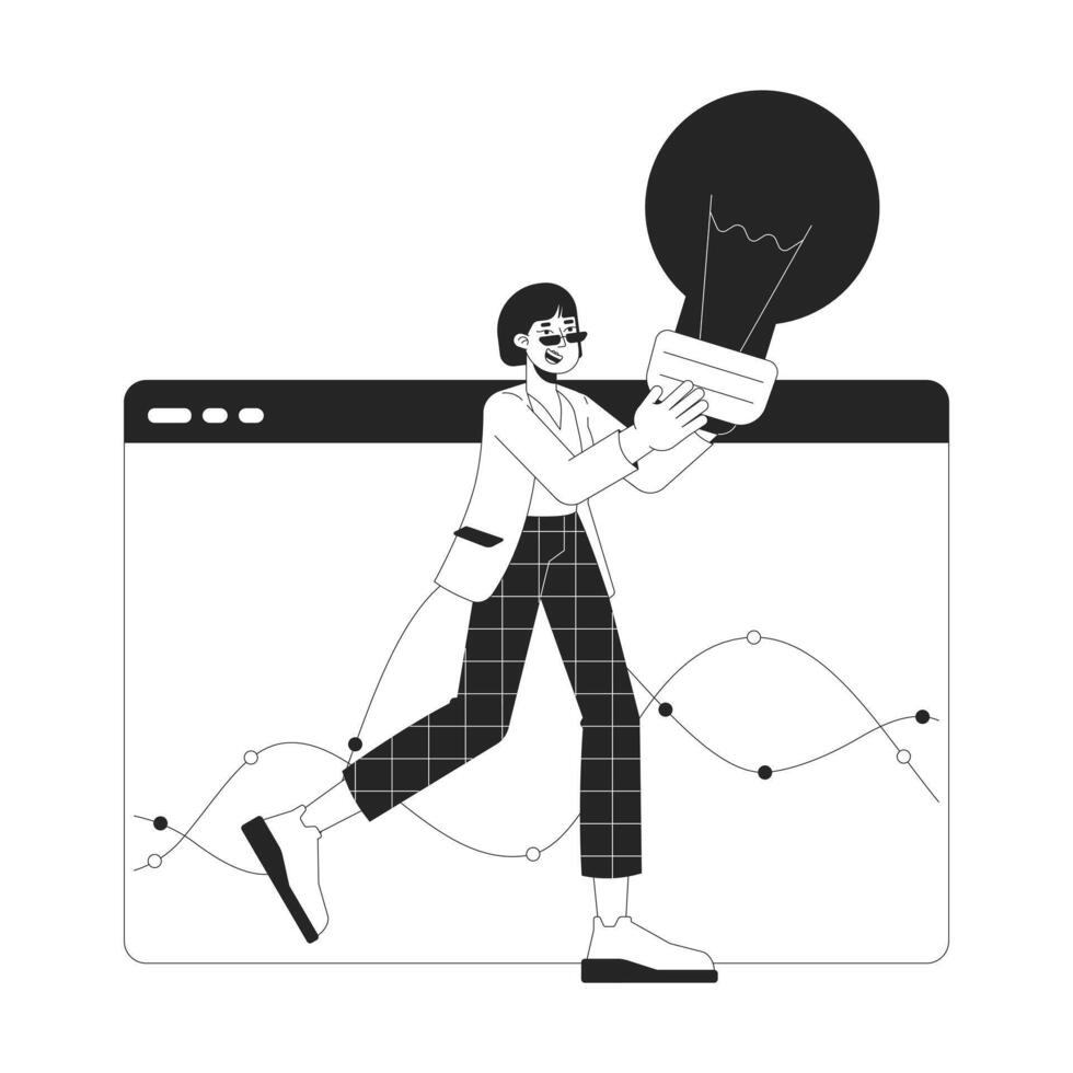 Data analyst generating insight black and white 2D line cartoon character. Enhancing creativity asian woman isolated vector outline person. Data analytics career monochromatic flat spot illustration