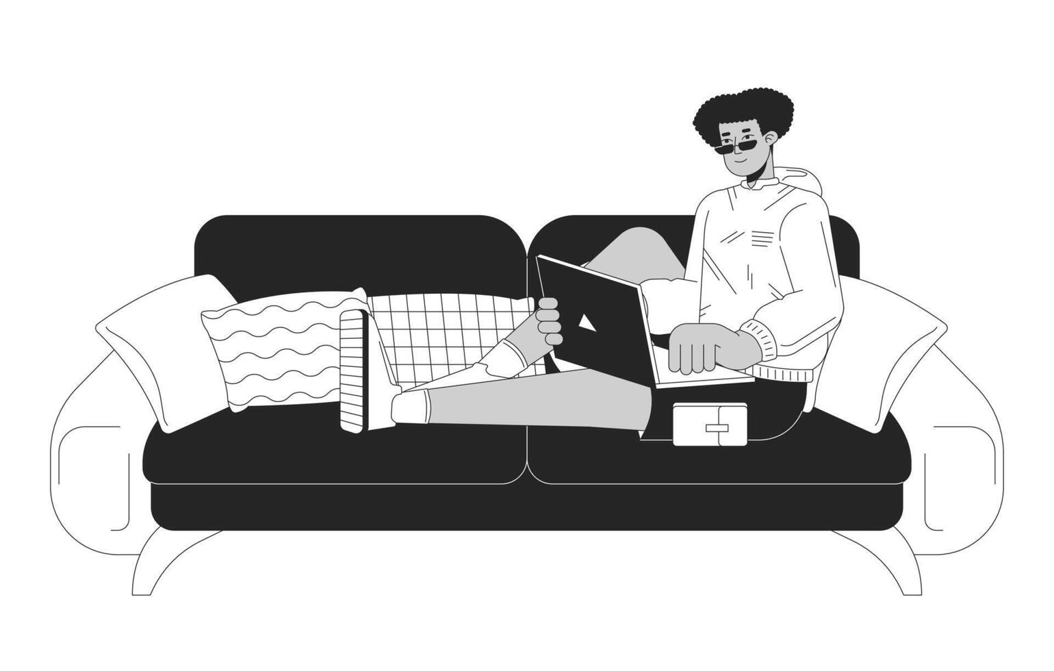 Hispanic man with laptop sitting on sofa black and white 2D line cartoon character. Freelancer working from home isolated vector outline person. Cozy workplace monochromatic flat spot illustration
