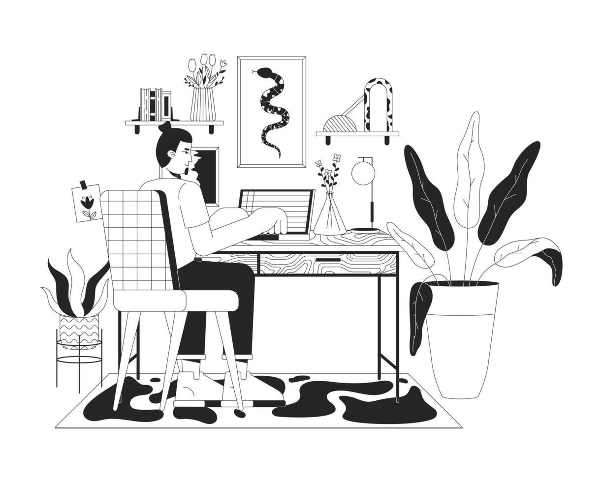 Home office black and white line illustration. European man working on laptop 2D lineart character isolated. Comfortable domestic workplace interior monochrome scene vector outline image