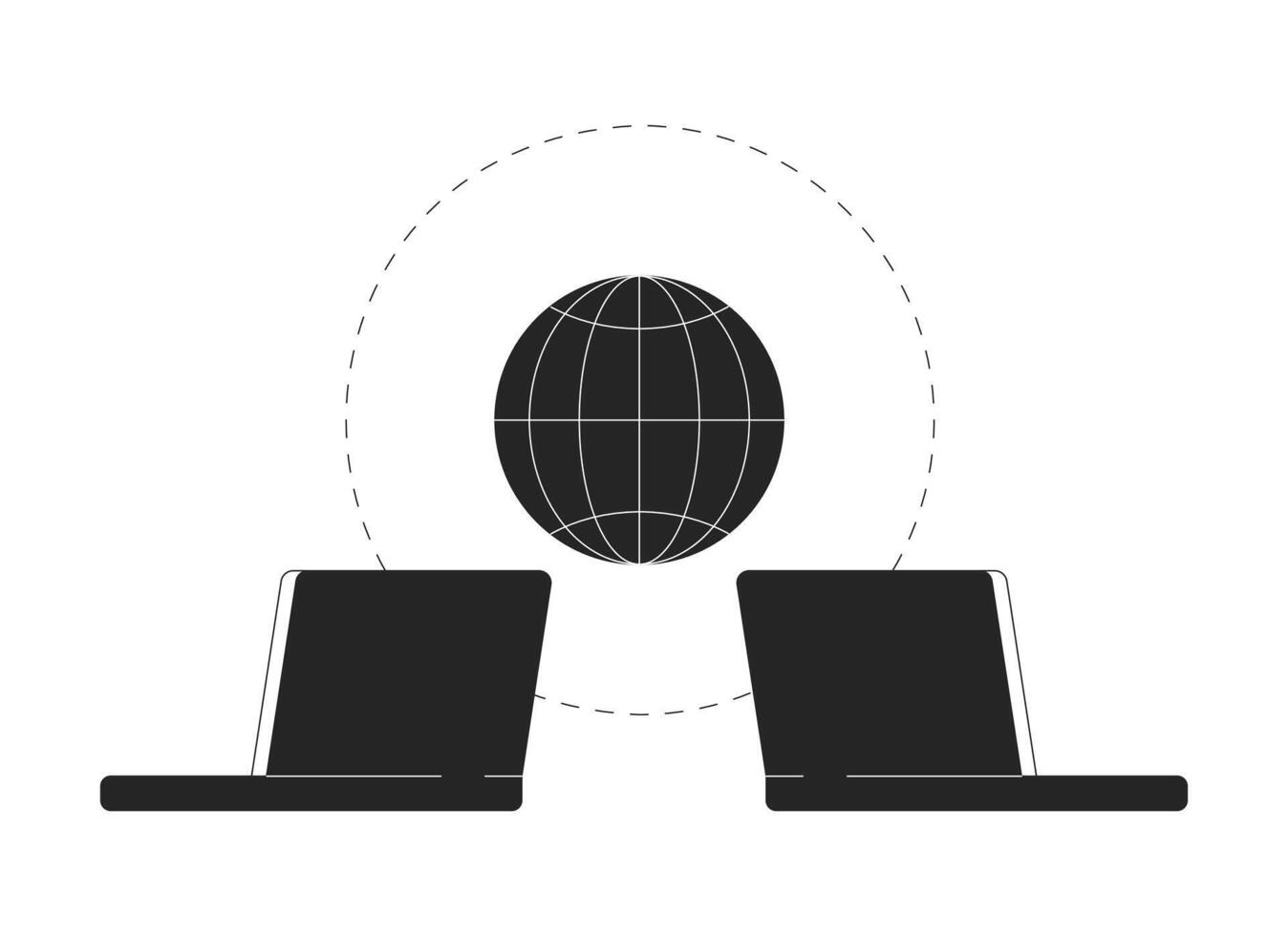 Global data transfer laptops black and white 2D line cartoon object. International information exchange notebooks isolated vector outline item. Connected devices monochromatic flat spot illustration