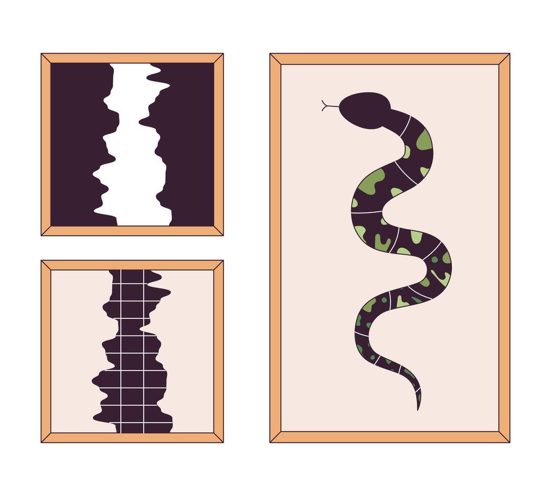 Decorative paintings in frames 2D linear cartoon objects set. Images of snake and abstract gaps isolated line vector elements white background. Interior design color flat spot illustration collection