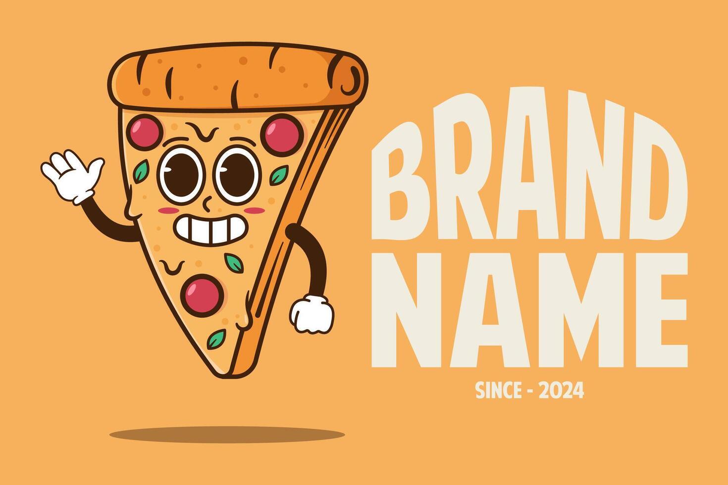 Cute slice of pizza cartoon mascot with happy face and waving hand vector