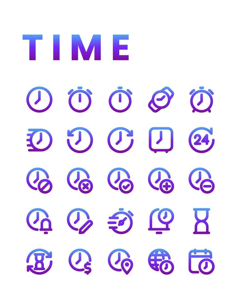 hora icono colecciones en degradado línea estilo, incluso mirar, hora, reloj, alarma, Temporizador, historia, calendario y otro. vector