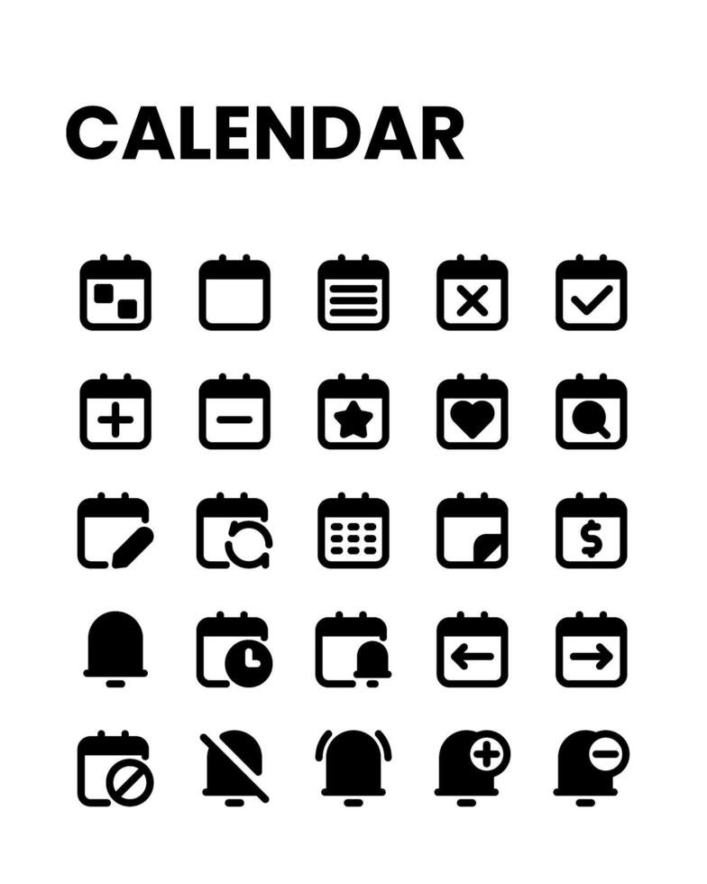 calendario icono colección en llenar estilo, incluso notificación, plan, evento, organización, recordatorio y más. vector