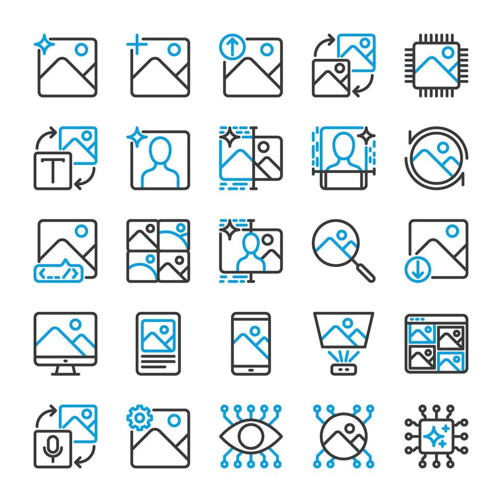 AI image generated icon collection in dual color line style for the development of artificial intelligence technology vector