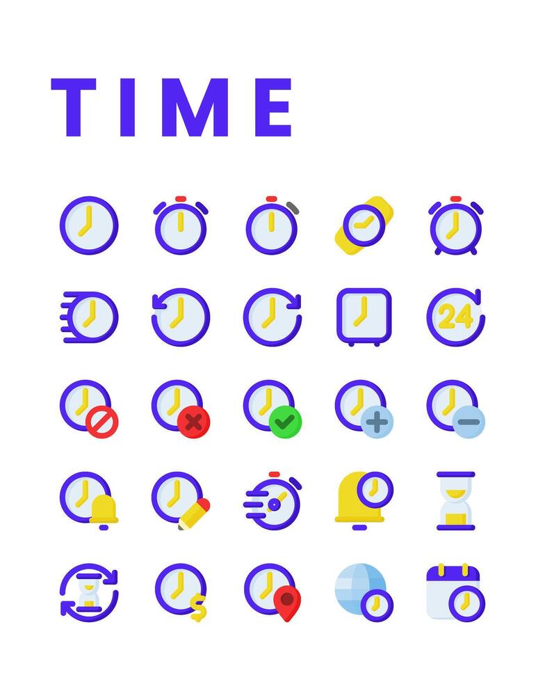 hora icono colecciones en plano estilo, incluso mirar, hora, reloj, alarma, Temporizador, historia, calendario y otro. vector