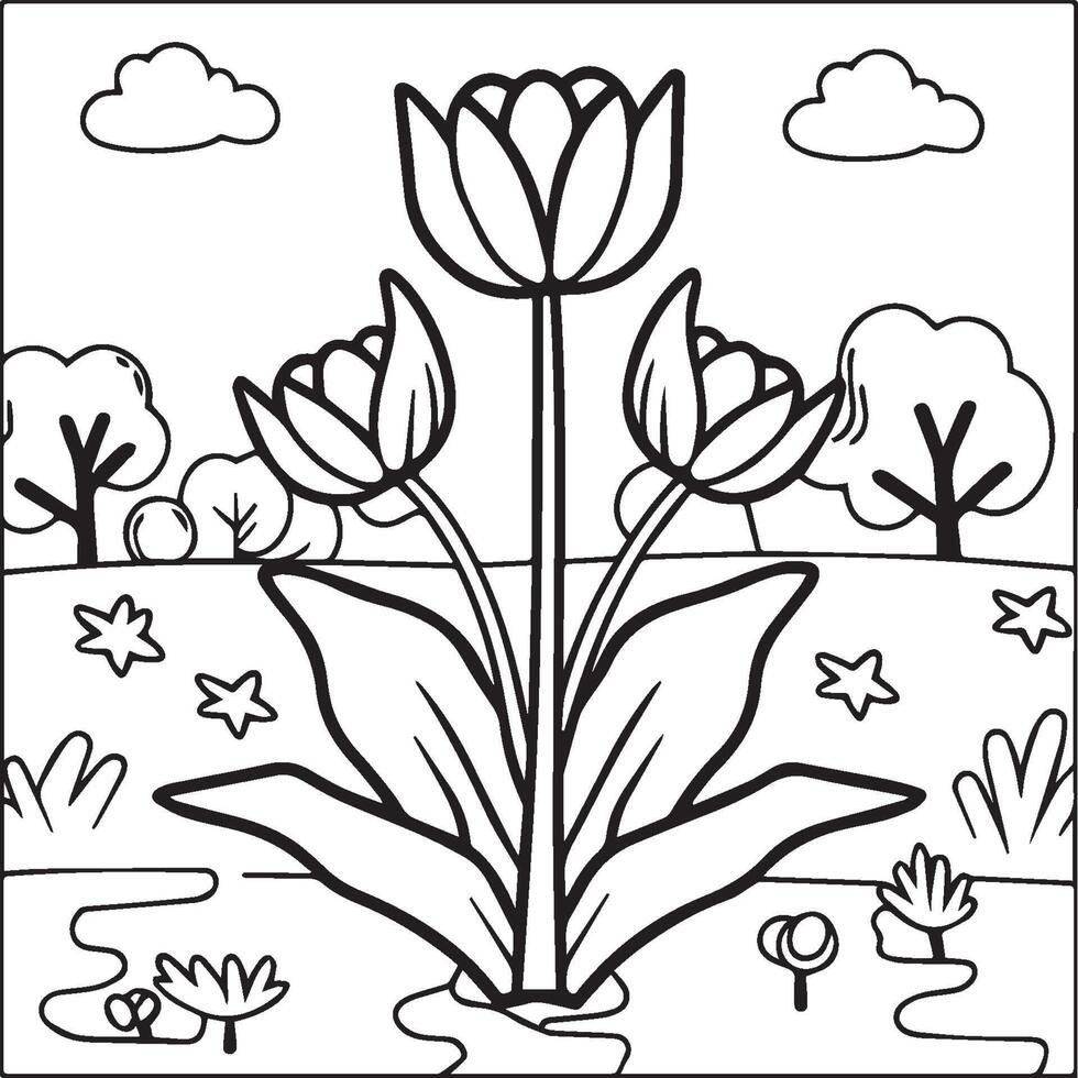 Tulip coloring pages. Tulip flower outline vector. Flowers coloring pages for coloring book vector