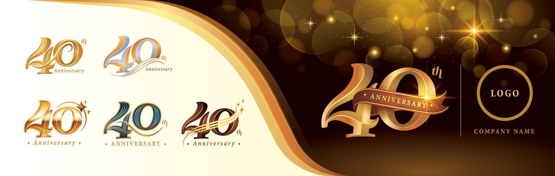 conjunto de 40 aniversario logotipo diseño, cuarenta años aniversario celebracion logo, dorado lujo y retro serif número 40 letras, vector