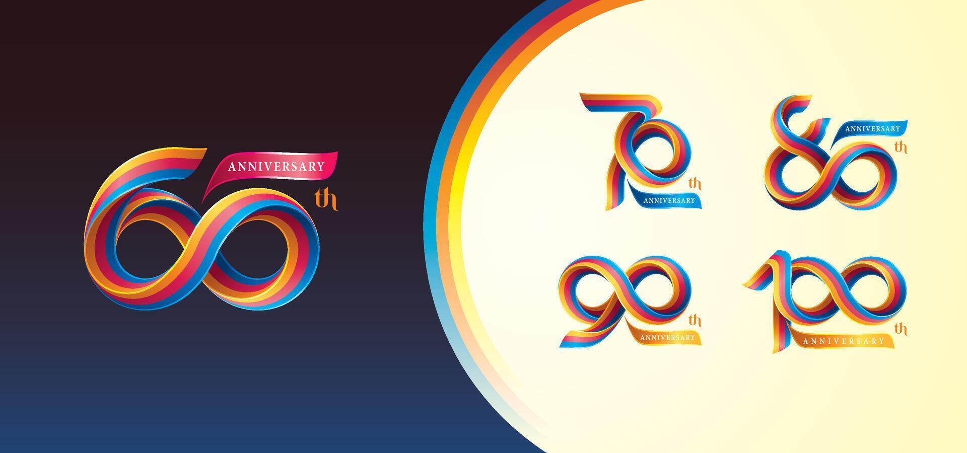 Set of 60 to 100 years Anniversary Colorful logotype design, 60, 70, 80, 90, 100 year, Abstract Twist Infinity multiple line Rainbow Ribbon. vector
