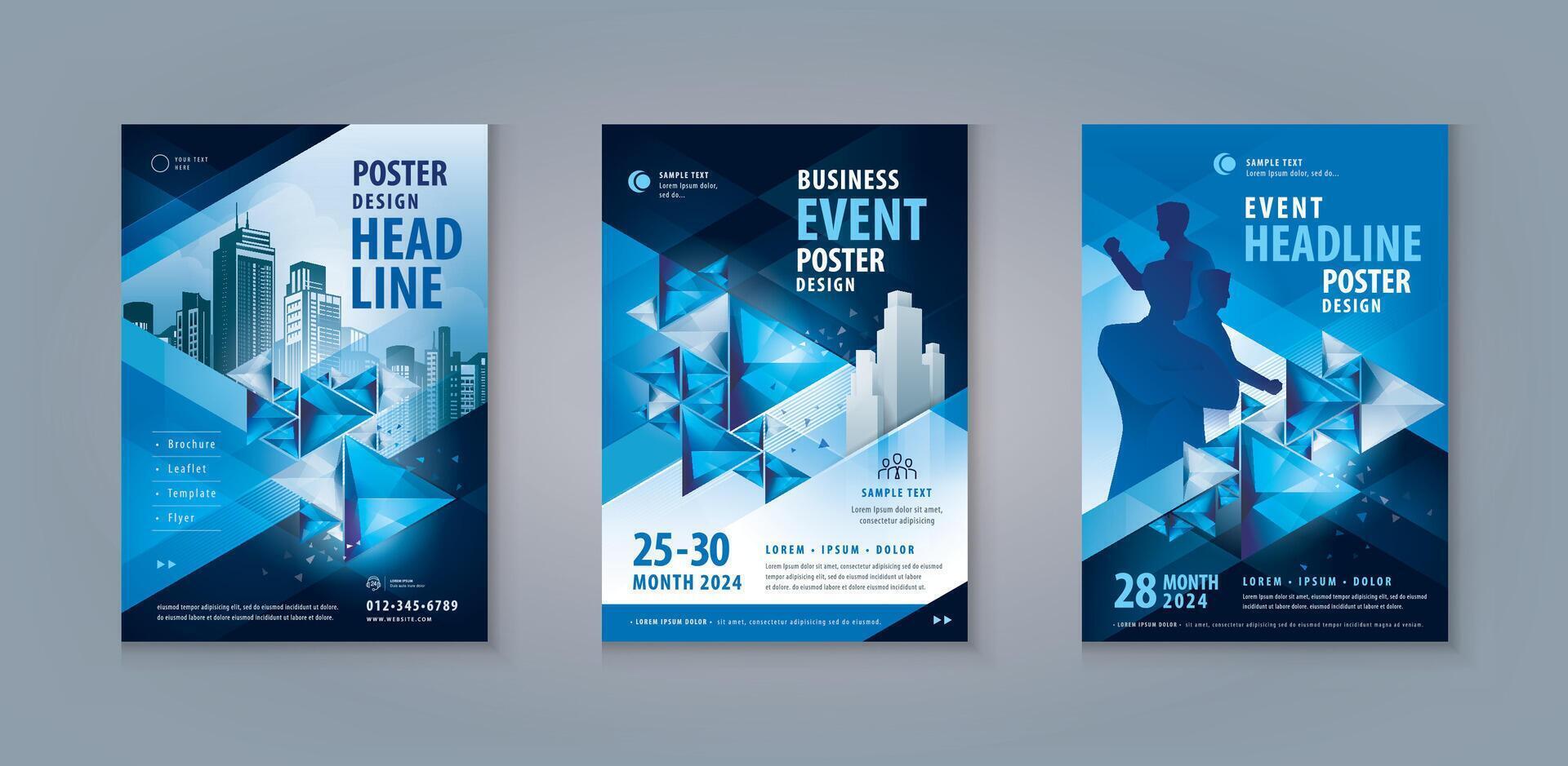 Business Flyer Poster Design Set. Layout Template, Abstract Blue Geometric Triangle Background, leaflet, cover brochure, invitation Card, presentation, vector