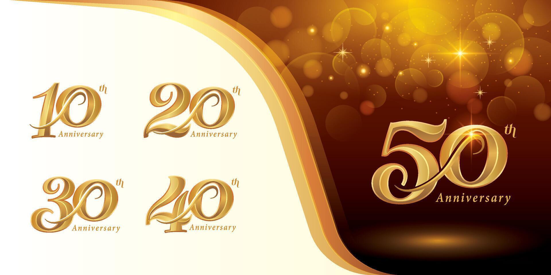 conjunto de 10 a 50 años aniversario logotipo diseño, diez a cincuenta años celebrando aniversario logo, oro elegante clásico logo para celebracion, vector