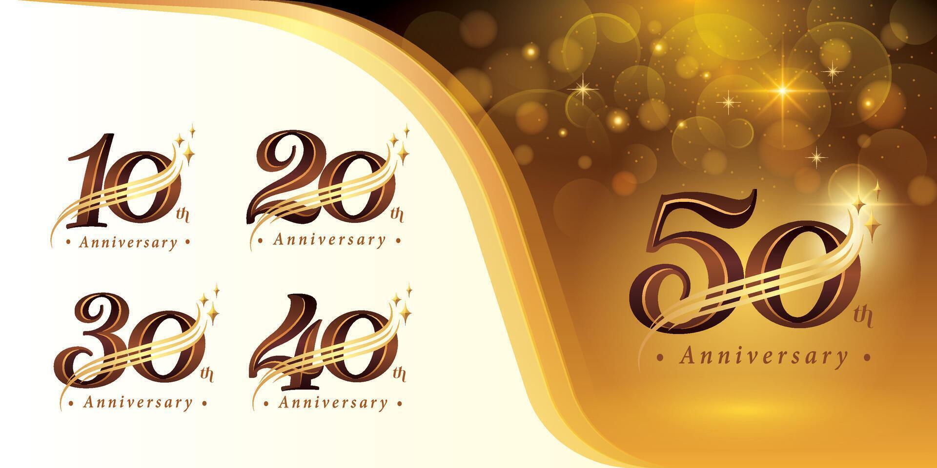 Set of 10 to 50 years Anniversary logotype design, Ten to Fifty years Celebrating Anniversary Logo, Gold curved lines Star Elegant Classic Logo, vector