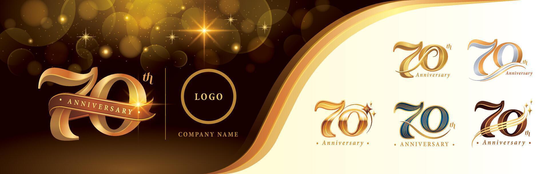 conjunto de 70 aniversario logotipo diseño, setenta años aniversario celebracion logo, dorado lujo y retro serif número 70 letras vector