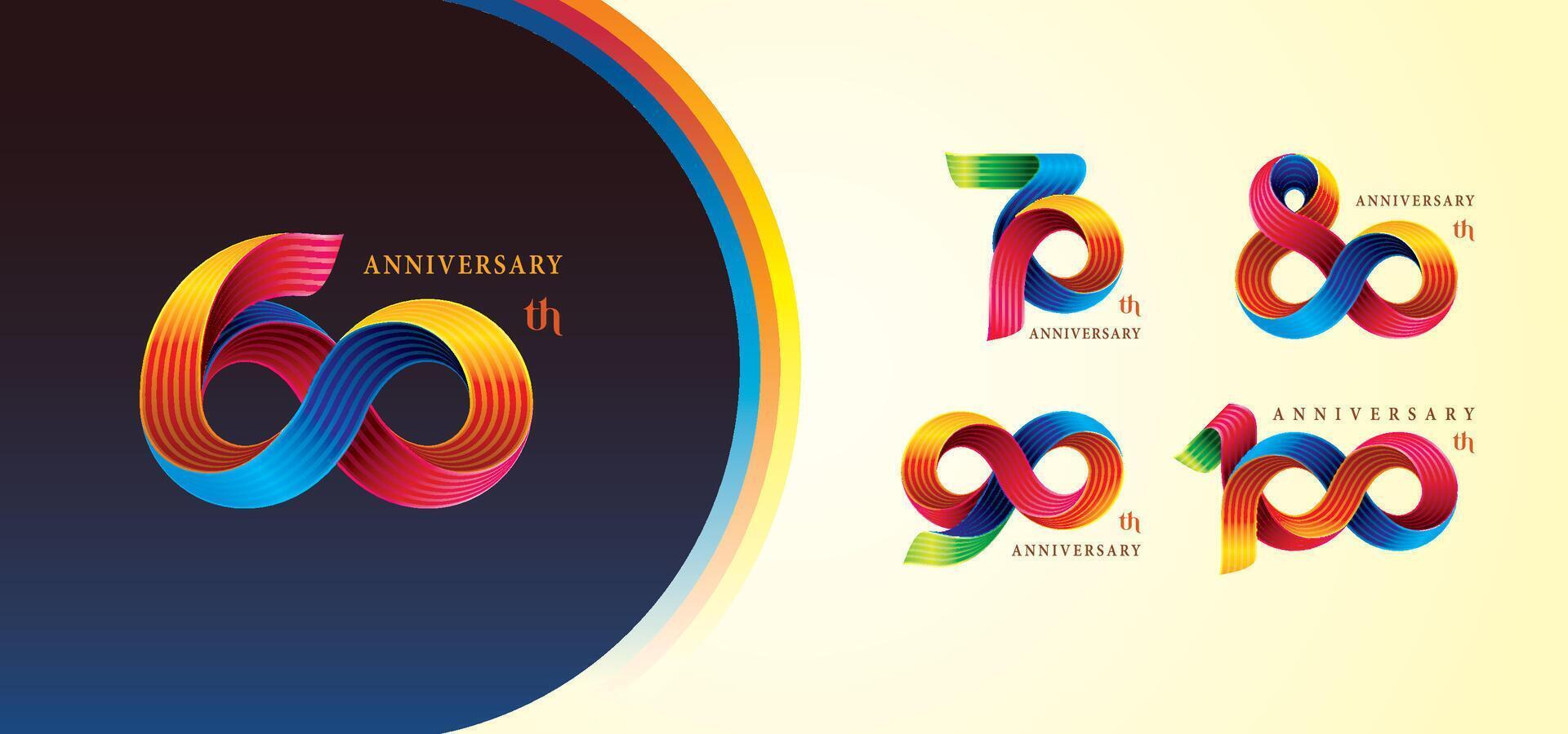 Set of 60 to 100 years Anniversary Colorful logotype design, 60, 70, 80, 90, 100 year, Abstract Twist Infinity multiple line Colorful. vector