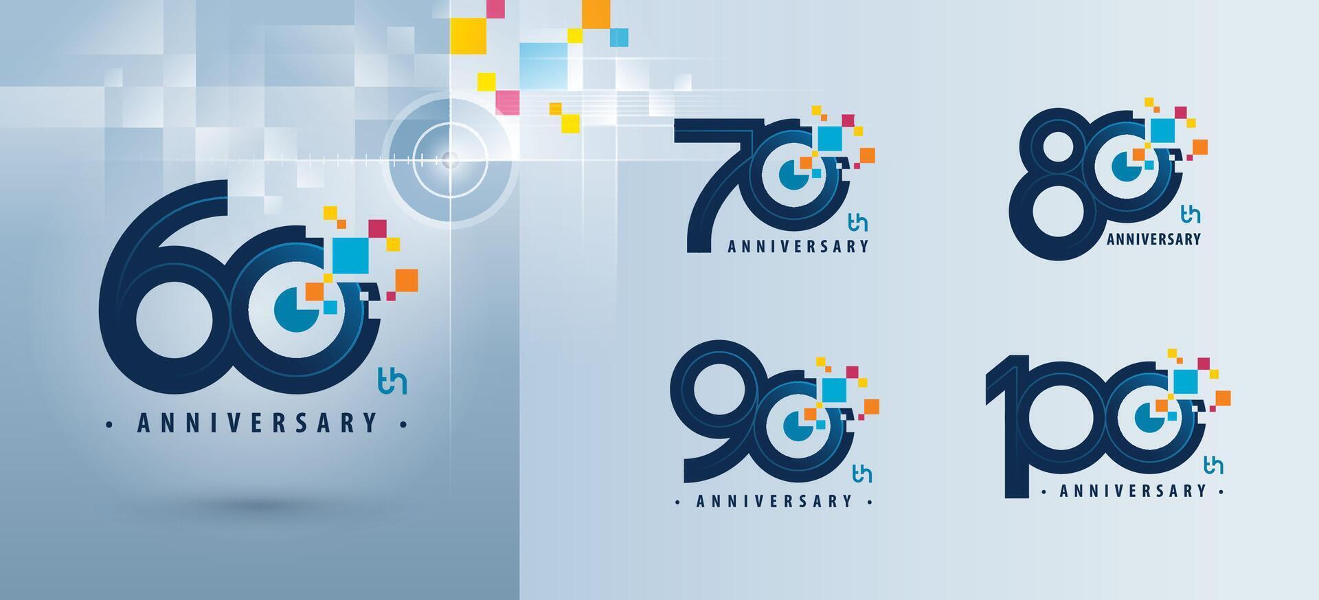 conjunto de 60 60 a 100 años aniversario logotipo diseño, sesenta a cien años celebrando aniversario logo múltiple píxel para celebracion vector