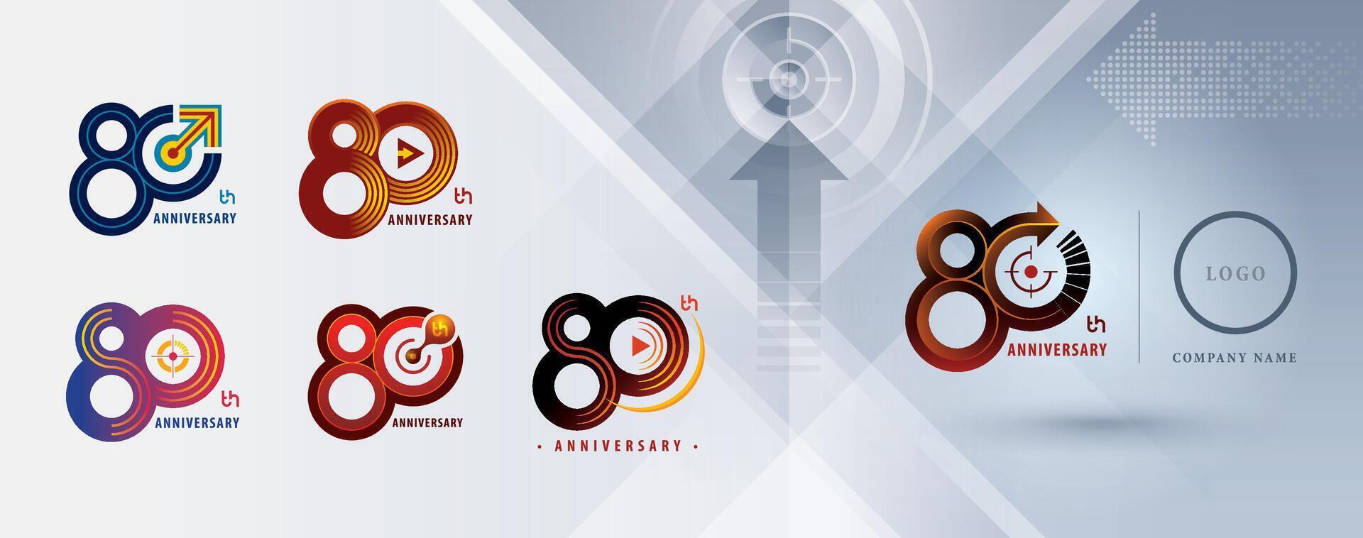 Set of 80th Anniversary logotype design, Eighty years Celebrating Anniversary Logo multiple line for celebration, Play Arrow, Target Sign logo, vector