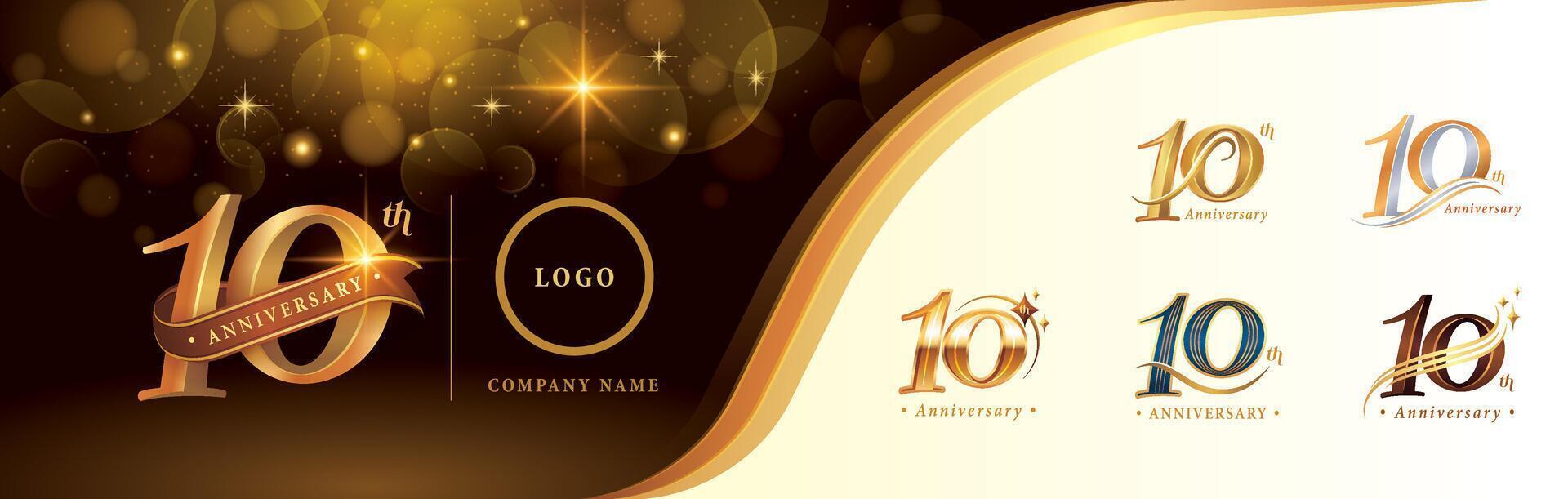 conjunto de 10 aniversario logotipo diseño, diez años celebrando aniversario logo, dorado lujo y retro serif número letras, vector