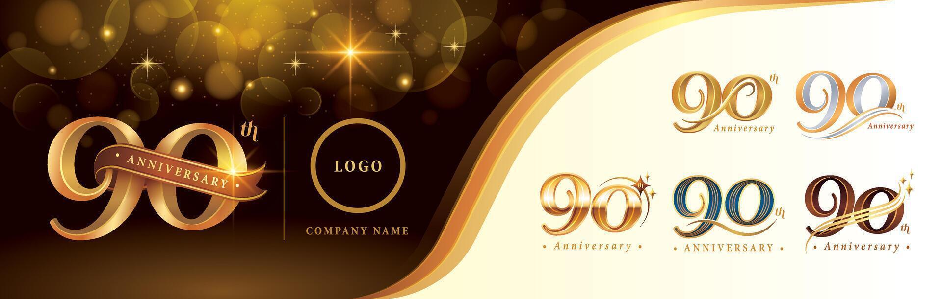 conjunto de 90 aniversario logotipo diseño, noventa años aniversario celebracion logo, dorado lujo y retro serif número 90 letras vector