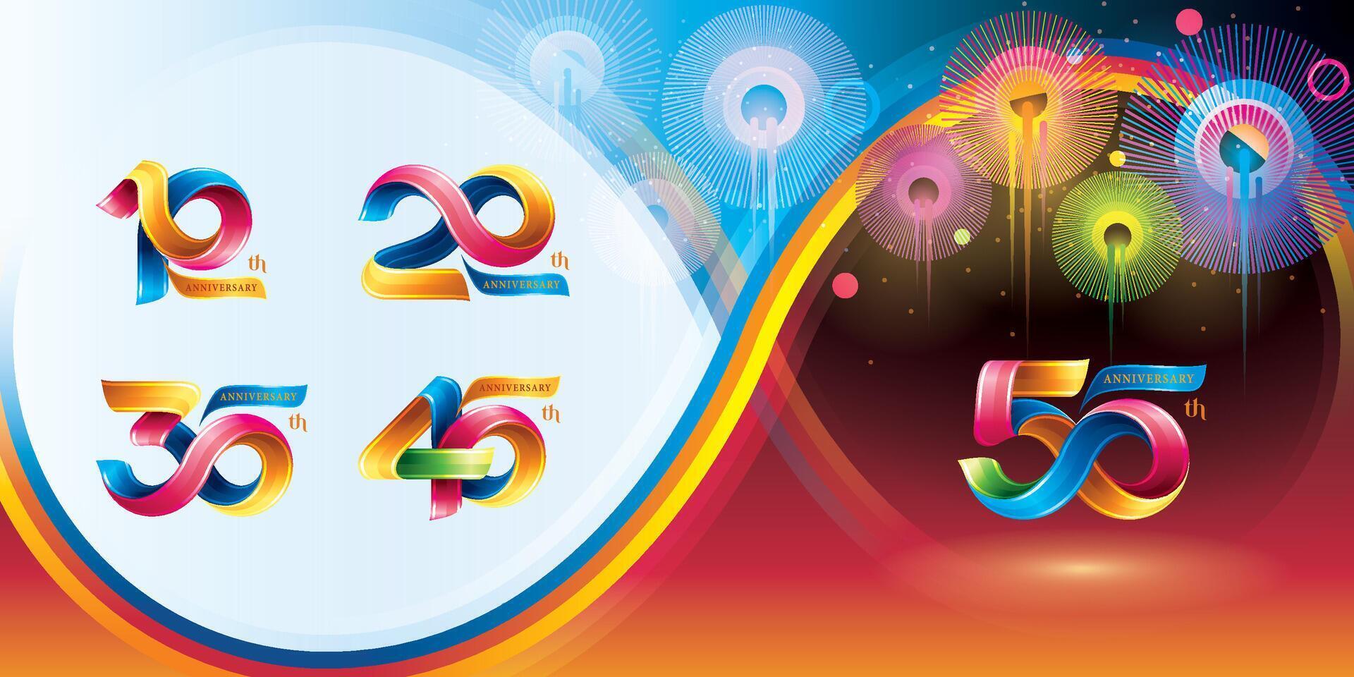 Set of 10 to 50 years Anniversary Colorful logotype design, 10,20,30,40,50 year, Abstract Twist Infinity multiple line Colorful Ribbon. vector