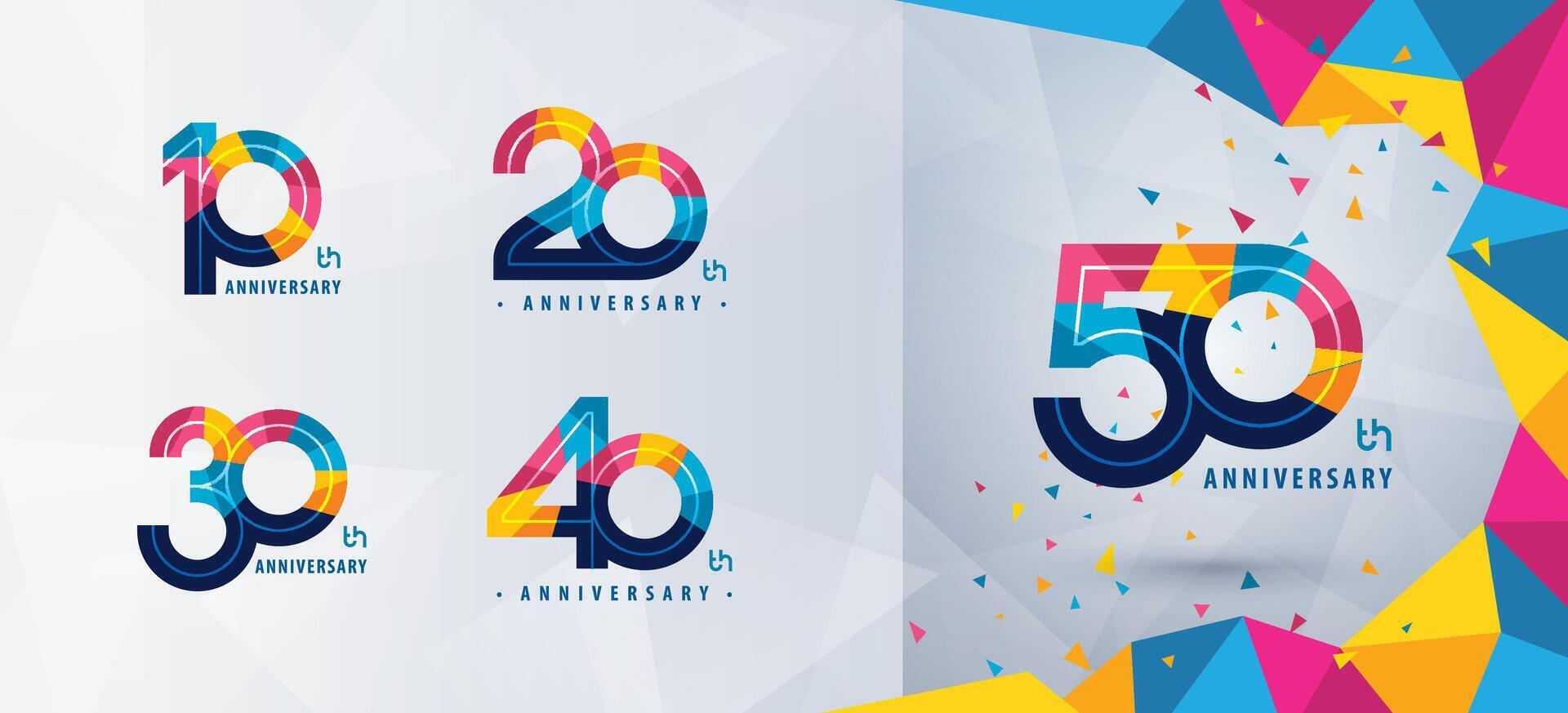 conjunto de 10 a 50 años aniversario logotipo diseño, diez a cincuenta años celebrando aniversario logo, resumen vistoso geométrico triángulo para celebracion vector